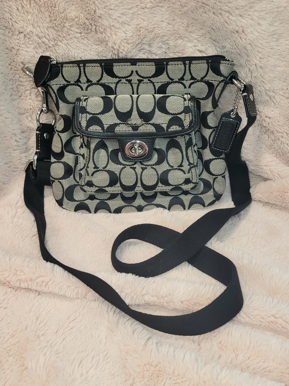 Coach Black and Gray Signature Crossbody Bag with Front Turn-Lock